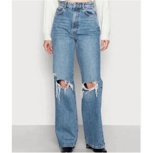 ZARA High Rise Full Length Jeans Wide Leg Straight Distressed Ripped Knee Sz 2